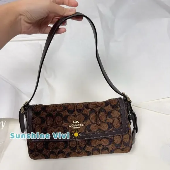 NWT Coach Etta Small Flap Shoulder Bag in Signature Chenille CCV65 Gold